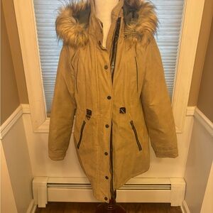 RAINFOREST Women's Tan Puffer Coat with Faux Fur Hood